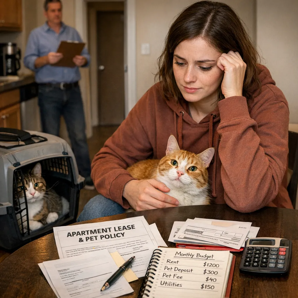 Young renter reviewing apartment pet policy and monthly budget with indoor cat and carrier in small kitchen