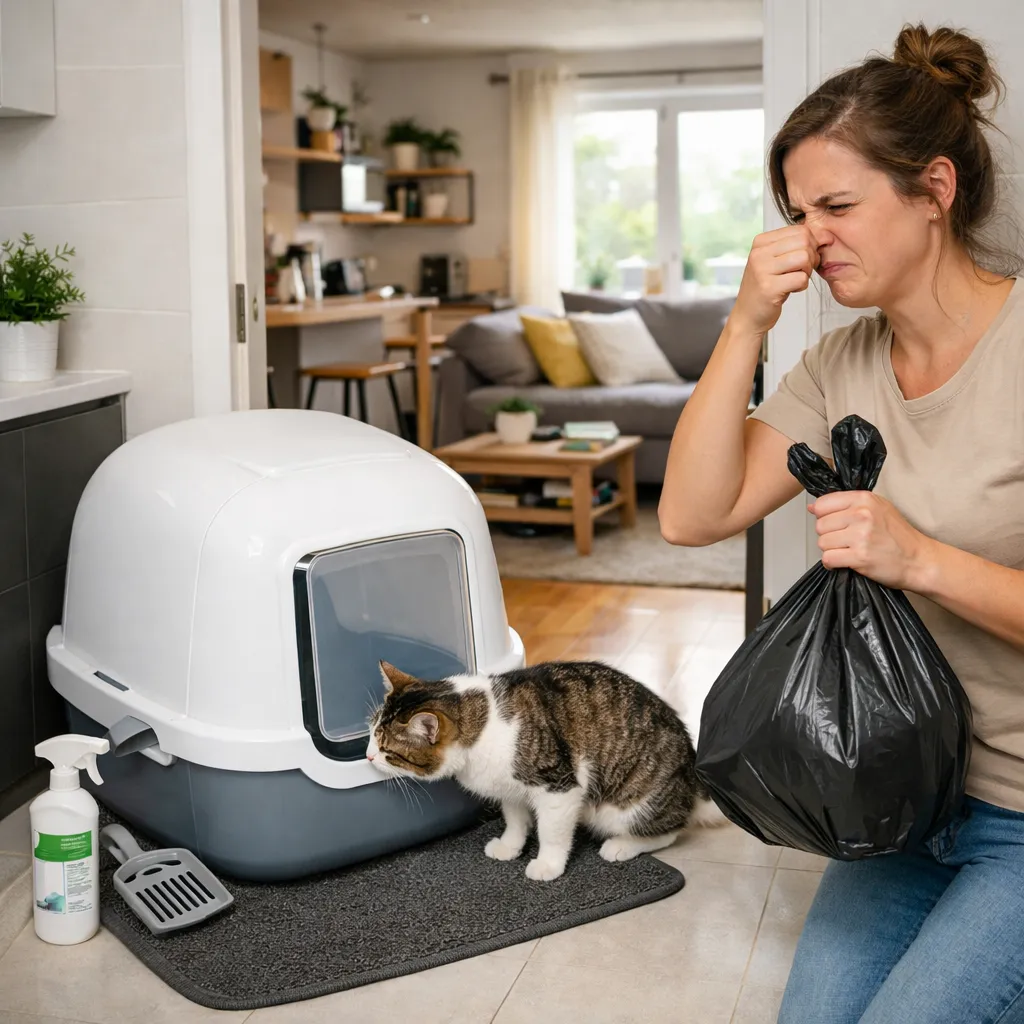 Young cat sniffing a modern covered litter box in a bright apartment bathroom while the owner holds a trash bag and wrinkles her nose at the smell