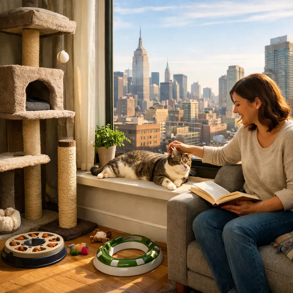 Indoor cat relaxing on a window perch in a cozy sunlit urban apartment with city skyline view and enrichment toys