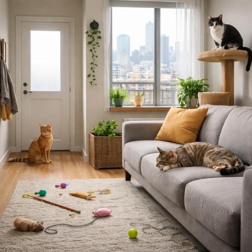 Bored indoor cat lying on sofa with ignored toys in small apartment living room, second cat waiting by door and third cat watching from cat tree with subtle tension.