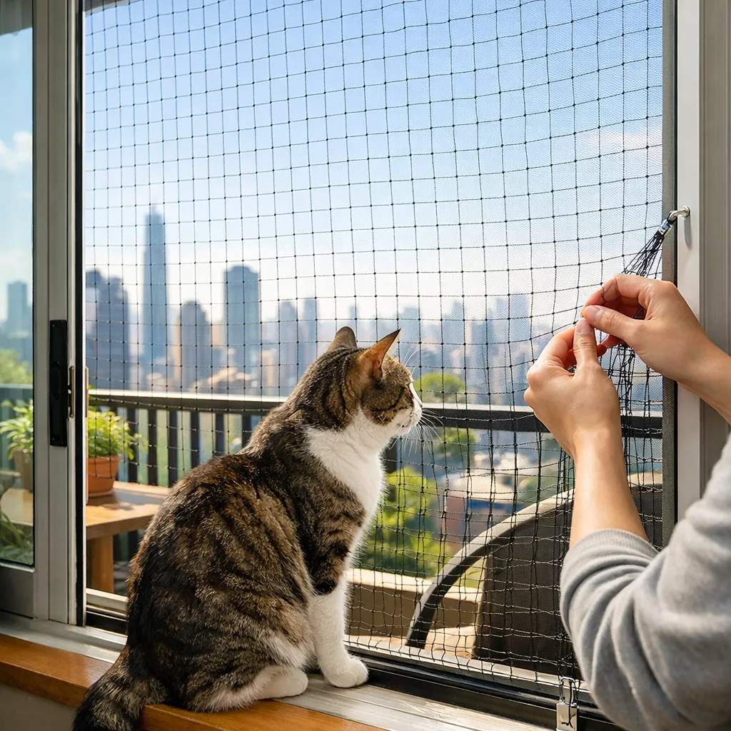 Indoor cat looking out from a high-floor apartment balcony with safety net, while owner adjusts the net