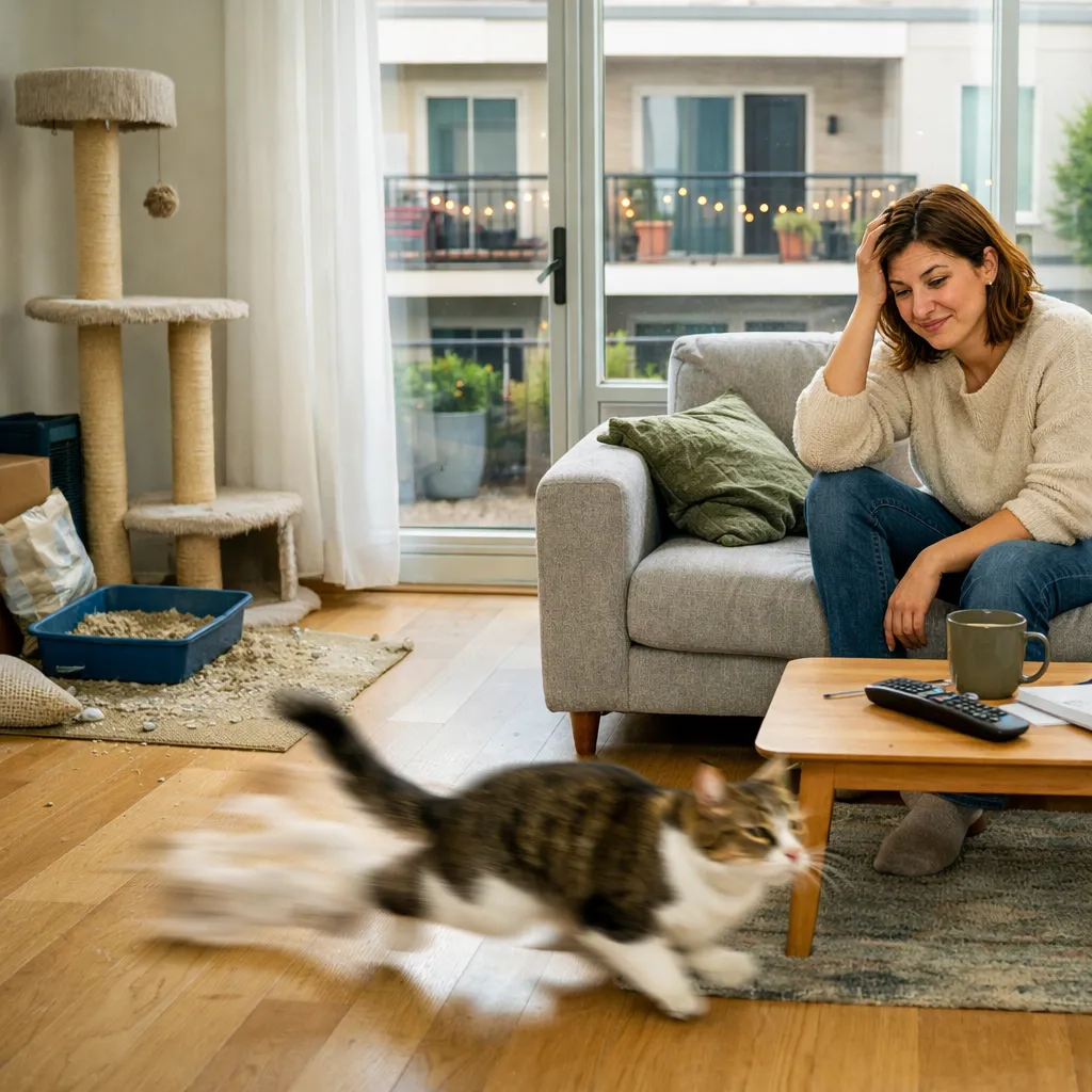 Indoor cat doing zoomies across a modern apartment living room while the owner looks amused and slightly stressed, with a scratching post and litter area in the background.