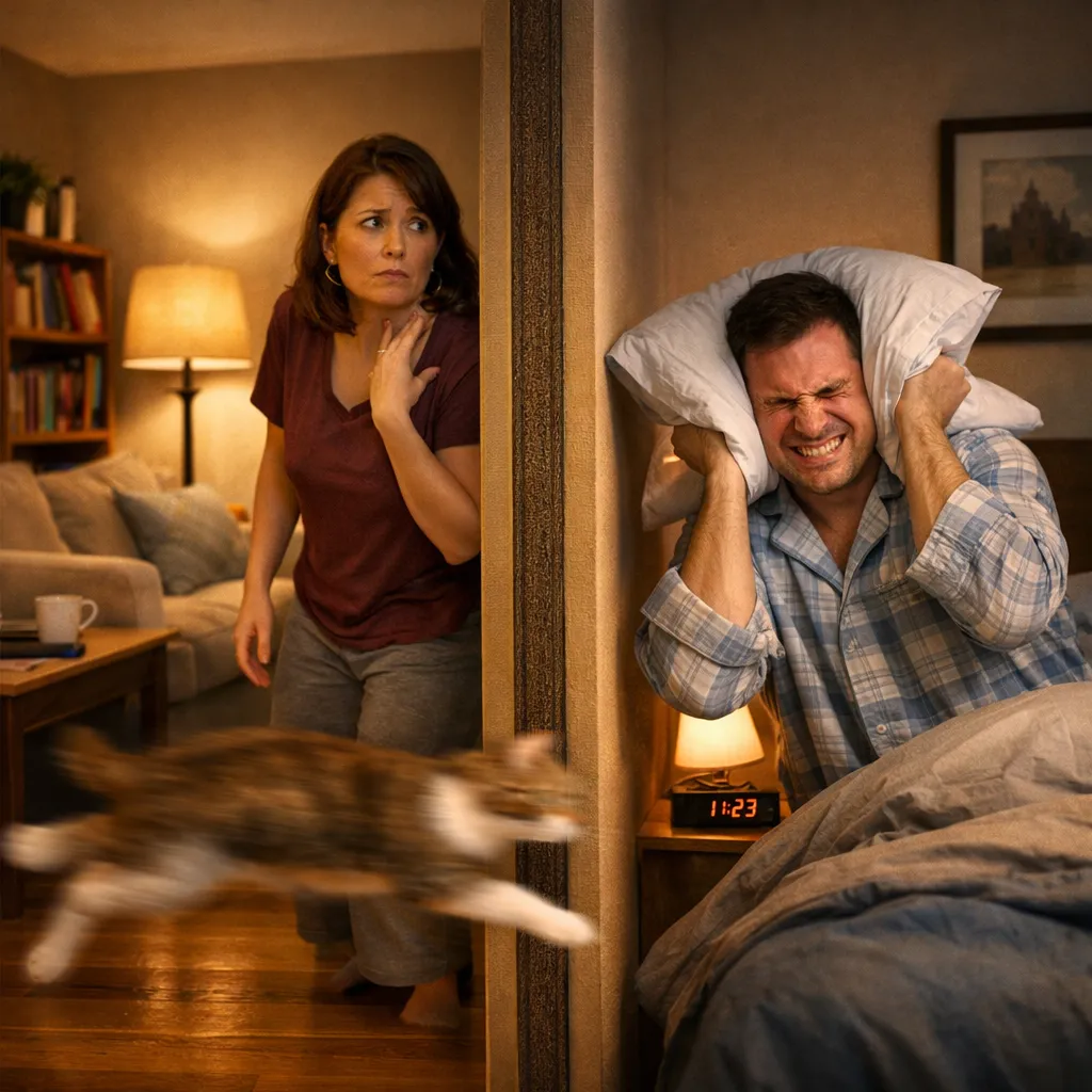 Indoor cat running at high speed in a cozy apartment while neighbor covers ears with pillow through shared wall
