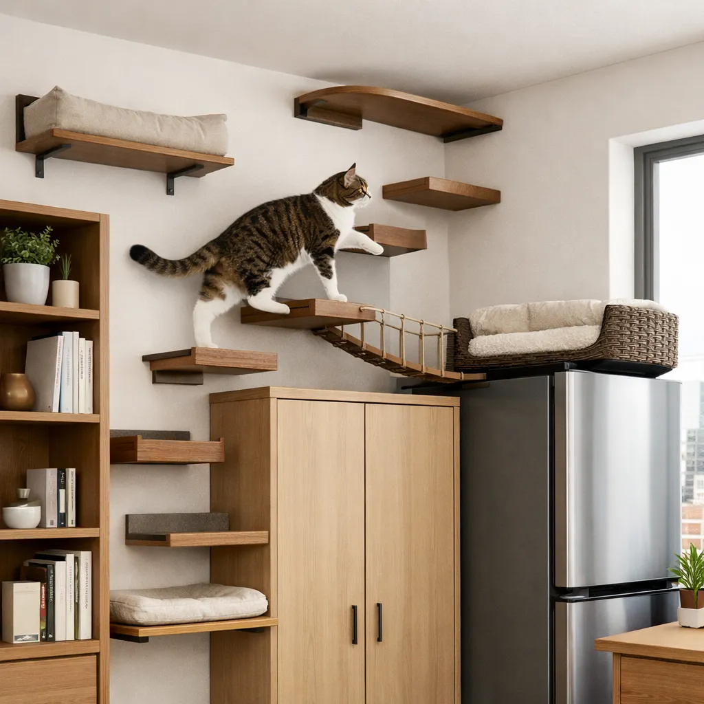 Indoor cat climbing wall-mounted shelves in a modern small apartment using vertical space cat highway design