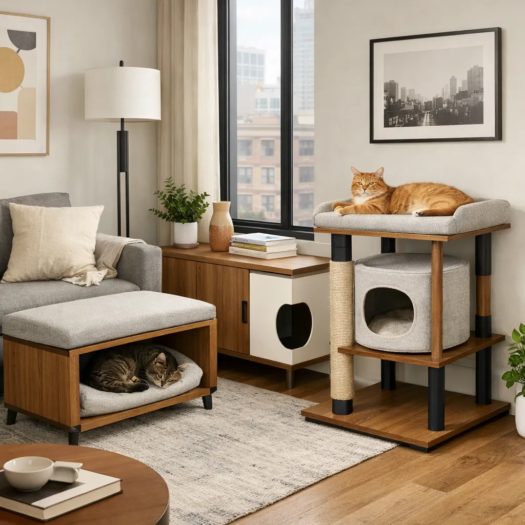 Modern small apartment corner with stylish cat furniture and two relaxed cats