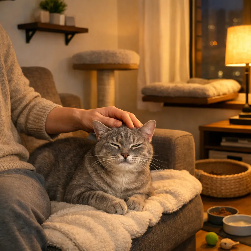 Relaxed short-haired indoor gray cat being gently petted on a sofa in a small modern apartment with warm evening light