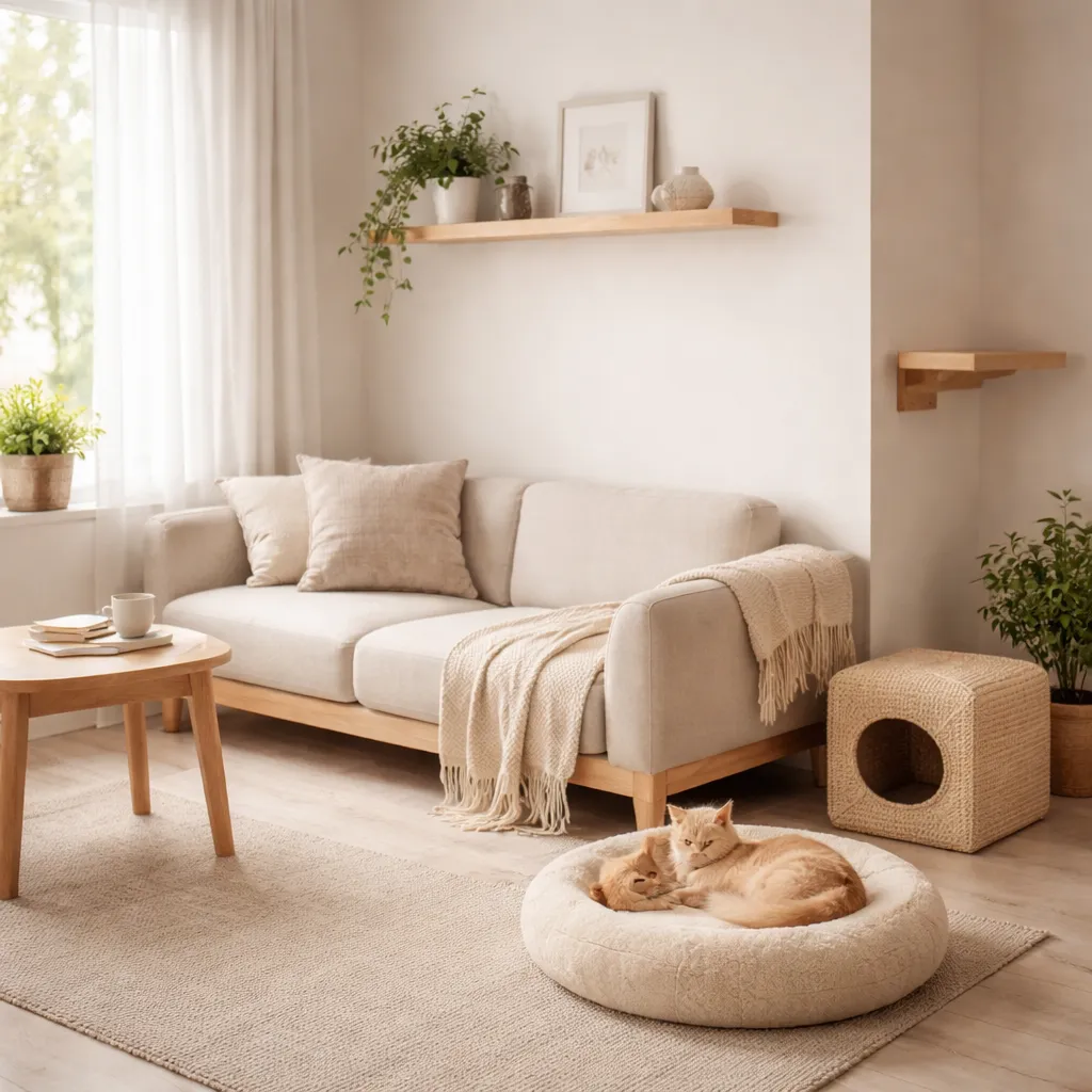 Calm indoor cat resting on a soft bed in a minimalist small apartment living room with vertical shelf and natural light