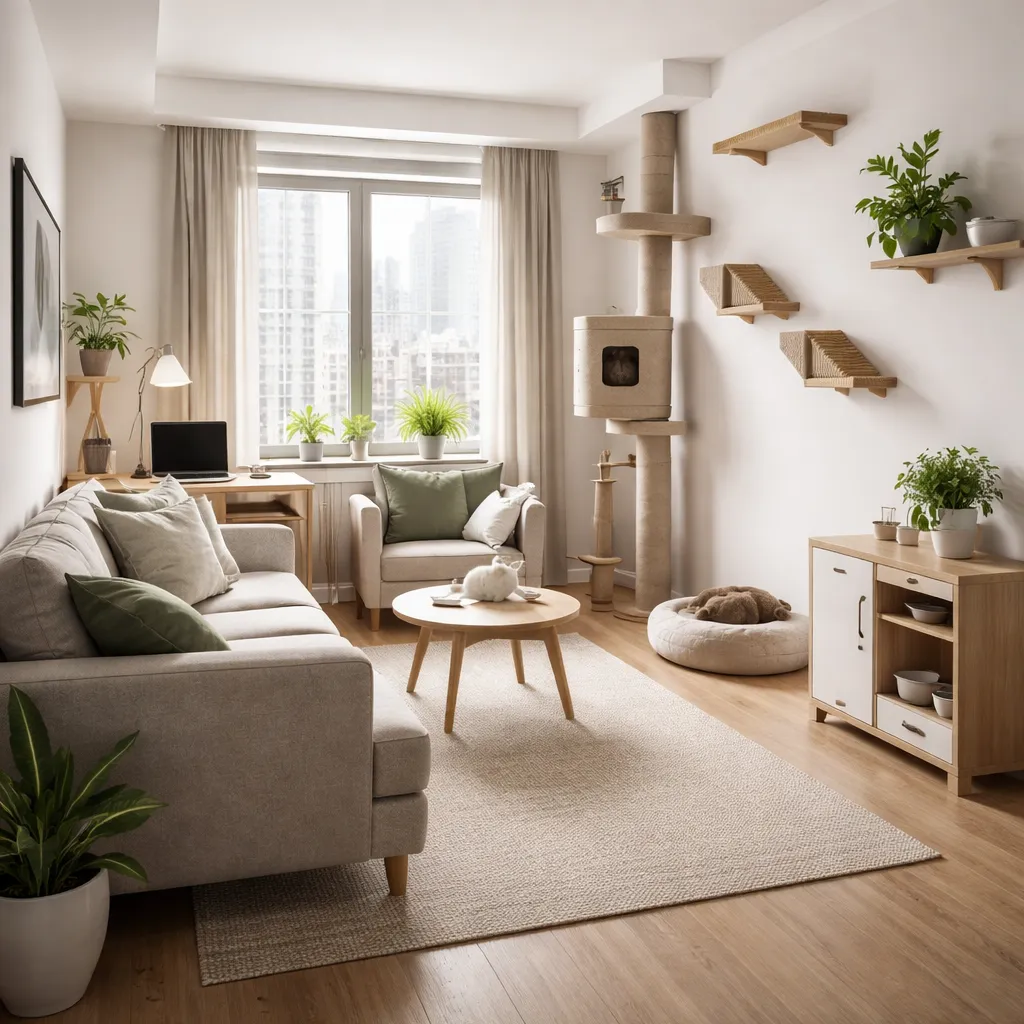 Small city apartment with cat-friendly layout featuring slim cat tree, wall shelves, cozy cat bed, and stylish hidden litter area