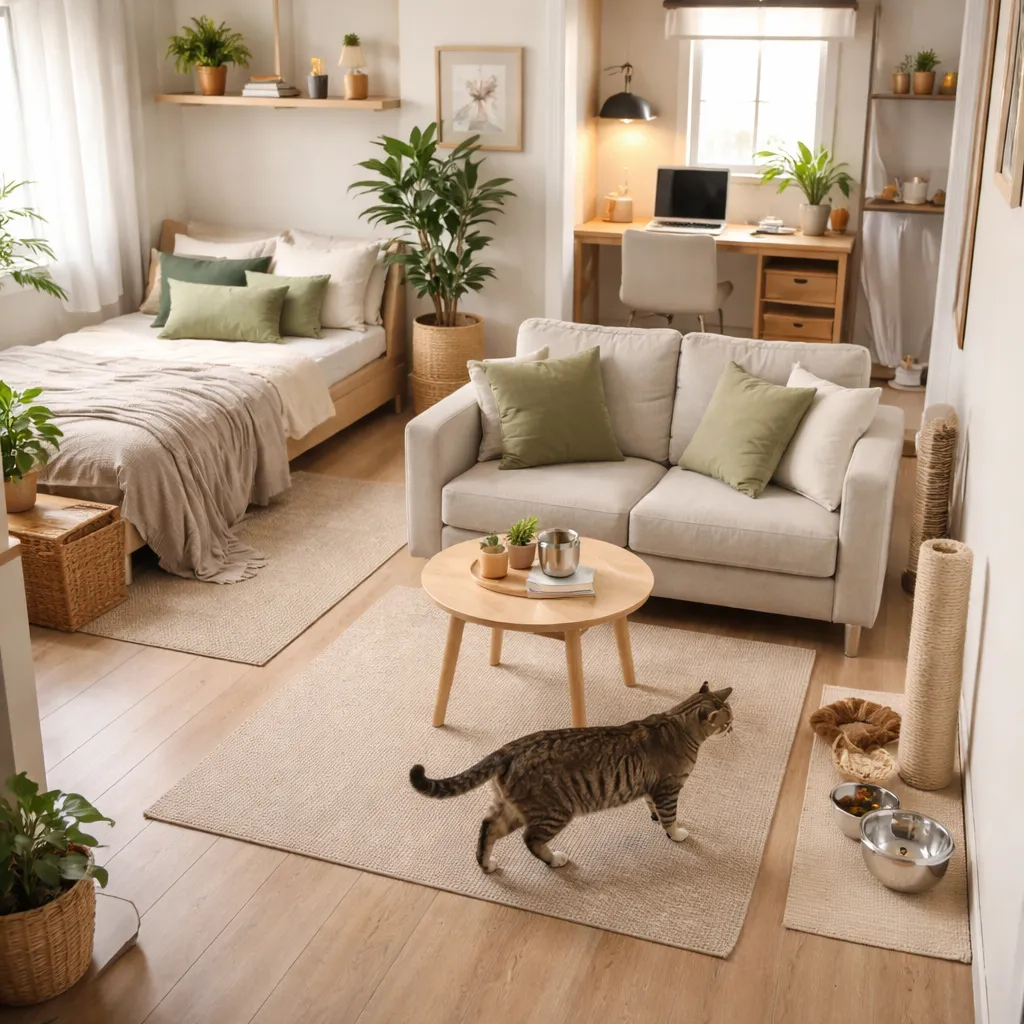 Small apartment cat-friendly home with clearly defined rest, feeding, and play zones in a compact urban studio layout